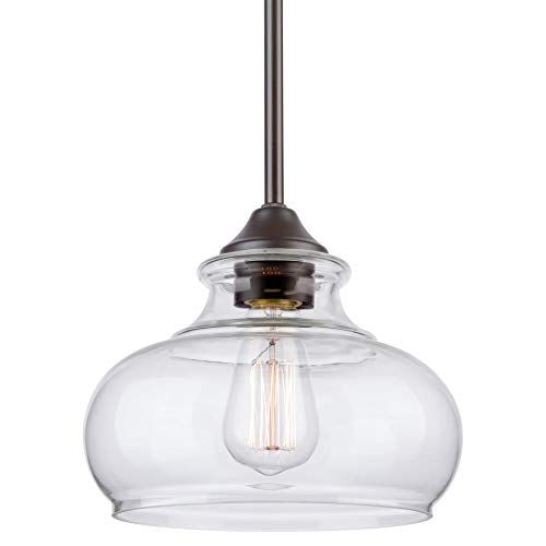 Photo 1 of Kira Home Harlow 9" Modern Industrial Farmhouse Pendant Light with Clear Glass Shade, Adjustable Hanging Height, Oil Rubbed Bronze Finish
