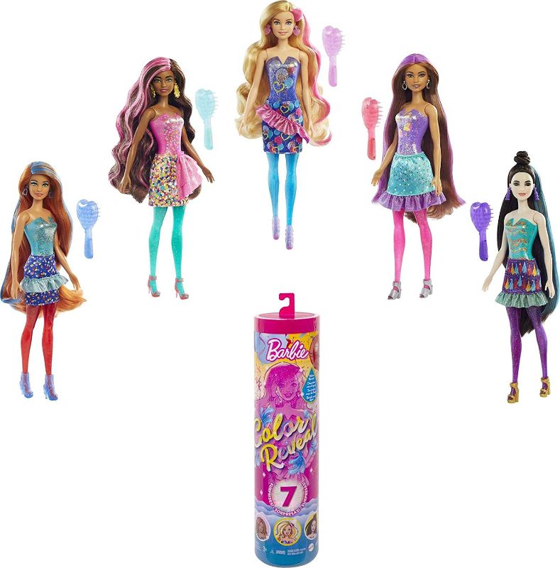 Photo 1 of Barbie Color Reveal Doll with 7 Surprises: 4 Bags Contain Skirt, Shoes, Earrings & Brush; Water Reveals Confetti-Print; Doll’s Look & Color Change on Hair & Face; Party Series [Styles May Vary]
