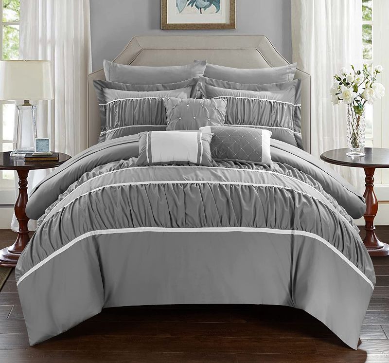Photo 1 of Chic Home Cheryl 10 Piece Comforter Complete Bag Pleated Ruched Ruffled Bedding with Sheet Set, Queen, Grey
