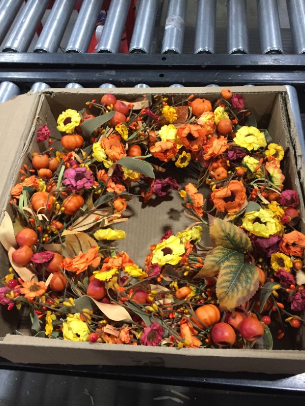 Photo 1 of Artificial Fall Wreath,22” Floral Wreath with Berries and Pumpkins Autumn Maple Leaves Wreath for Front Door Wall Window Farmhouse Decor Thanksgiving Harvest Festival Decor
