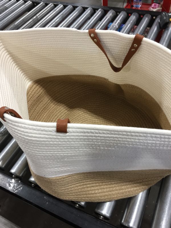 Photo 3 of CHLOÉ + KAI Woven Rope Storage Basket (20” x 13”) for Nursery, Laundry and Living Room. Pillows, Toys, Plant and Blanket Basket – Extra Large Coiled Cotton Basket with Leather Handle (White/Beige)
