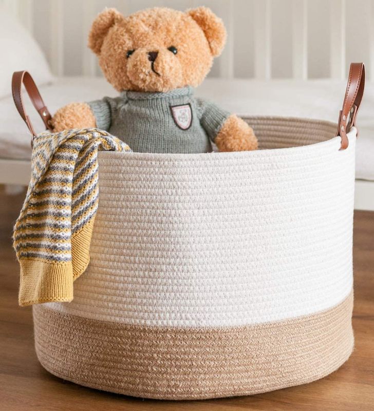 Photo 1 of CHLOÉ + KAI Woven Rope Storage Basket (20” x 13”) for Nursery, Laundry and Living Room. Pillows, Toys, Plant and Blanket Basket – Extra Large Coiled Cotton Basket with Leather Handle (White/Beige)

