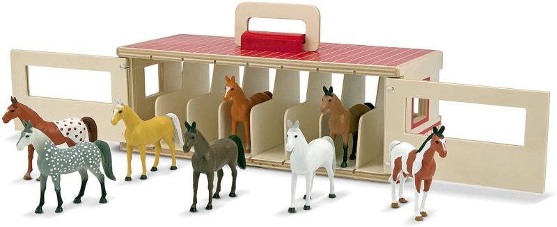 Photo 1 of Melissa & Doug Take-Along Show-Horse Stable Play Set With Wooden Stable Box and 8 Toy Horses
