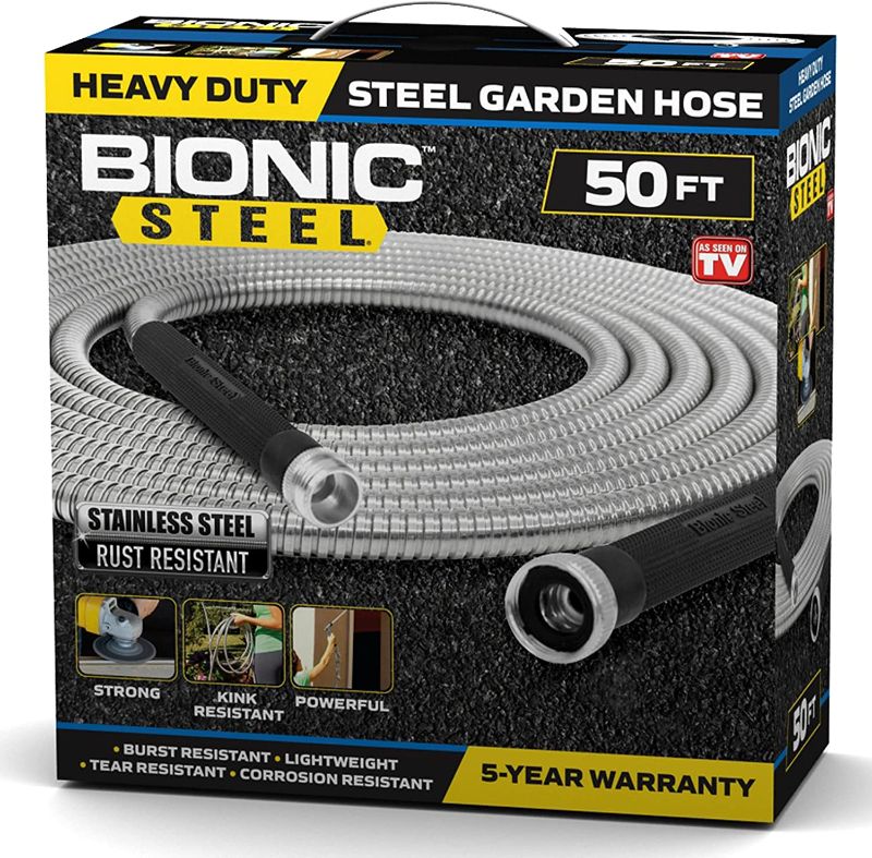Photo 1 of Bionic Steel 50 Foot Garden Hose 304 Stainless Steel Metal Water Hose – Super Tough & Flexible, Lightweight, Crush Resistant Aluminum Fittings, Kink & Tangle Free, Rust Proof, Easy to Use & Store
