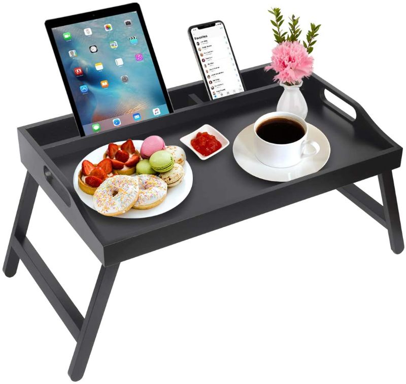 Photo 1 of Bed Tray Table with Handles Folding Legs Bamboo Breakfast Food Tray with Media Slot,Foldable Platter Tray,Laptop Desk,Snack,TV Tray Kitchen Serving Tray (Black)
