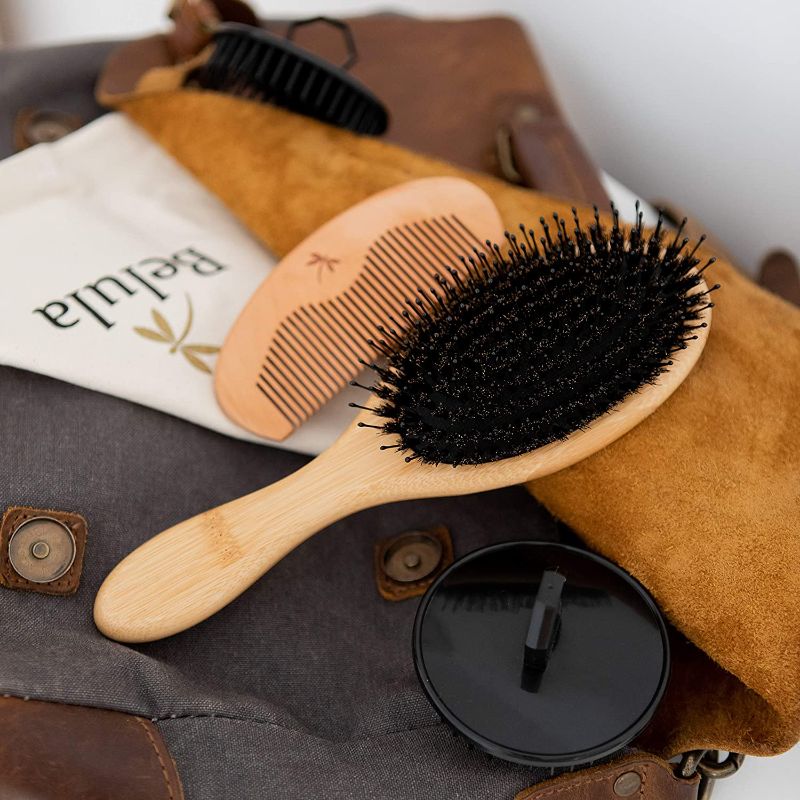 Photo 1 of Premium Boar Bristle Hair Brush for Men Set.Styling Mens' Hair Brush with Nylon Pins. Boar Bristle Brush, 2 x Palm Brush, Wooden Comb & Travel Bag Included.
