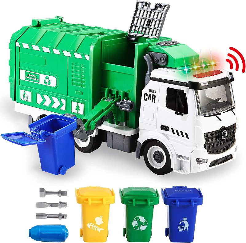 Photo 1 of JOYIN Recycling Garbage Truck Toy, Kids DIY Assembly Trash Truck, Friction Powered Side-Dump Toy Garbage Truck with Light and Sounds, 3 Trash Cans, 3 Replaceable Screwdrivers, Boys & Girls Gifts
