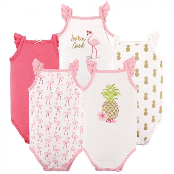 Photo 1 of Hudson Baby Infant Girl Cotton Sleeveless Bodysuits 5pk, Pineapple, 3-6Months
