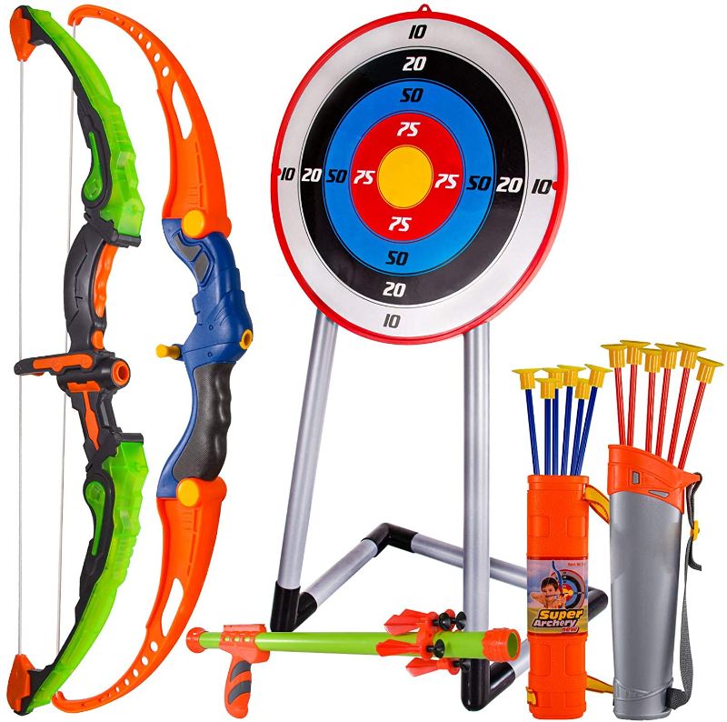 Photo 1 of CAPTAIN CHAOWING Bow and Arrow for Kids, Archery Toy Set, 2 Bows & 1 Blowing Bow & 12 Arrows & 5 Quivers & Standing Target, Outdoor Toys for Children Boys Girls
