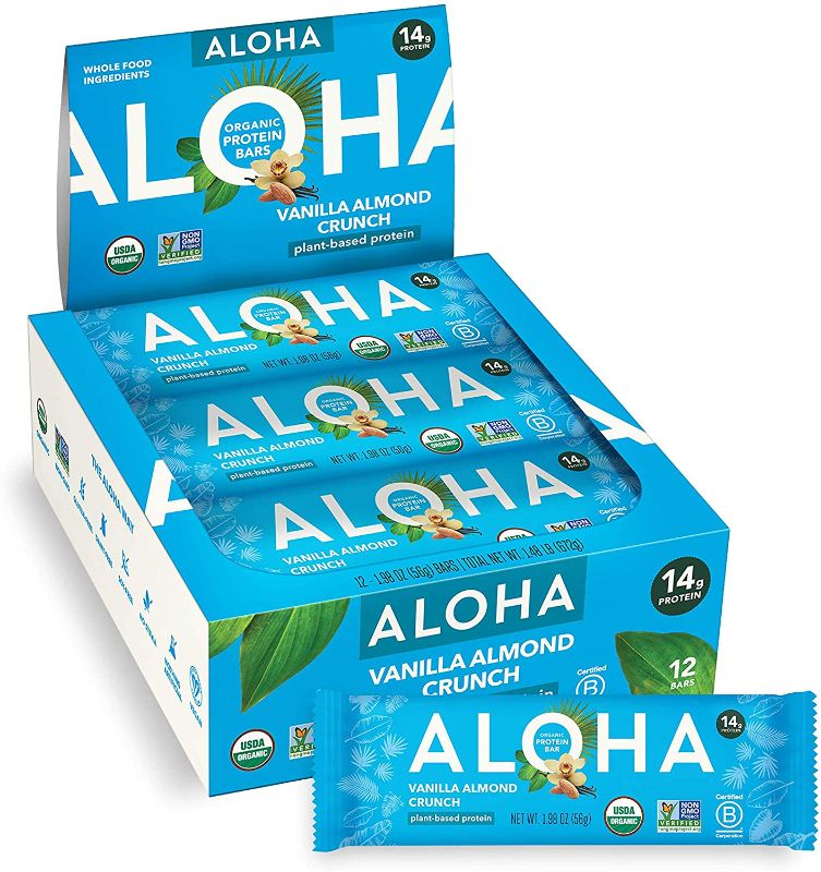 Photo 1 of ALOHA Organic Plant Based Protein Bars - Vanilla Almond Crunch - 12 Count, 1.9oz Bars - Vegan, Low Sugar, Gluten-Free, Paleo, Low Carb, Non-GMO, Stevia-Free, Soy-Free, Sugar Alcohol Free, BEST BY 07 DEC 2022

