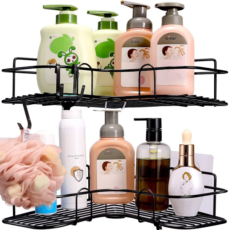 Photo 1 of Corner Shower Caddy - Shower Organizer - Adhesive Bathroom Shelves No Drilling - Stainless Steel Storage Rack for Kitchen Bathroom Toilet, Adhesive Wall Mounted Shower Storage, 2 Pack (BLACK)
