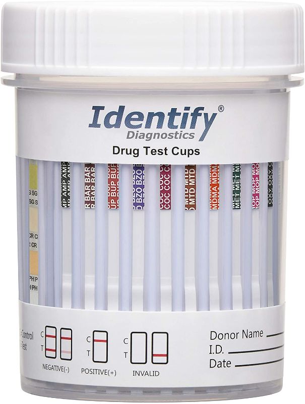 Photo 1 of 5 Pack Identify Diagnostics 12 Panel Drug Test Cup with 3 Adulterations - THC, COC, OXY, MDMA, BUP, MOP, AMP, BAR, BZO, MET, MTD, PCP ID-CP12-BUP-ADULT (5)
