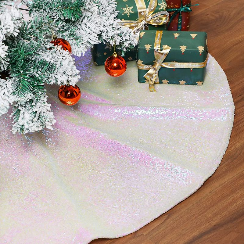 Photo 1 of Christmas Tree Skirt 48 Inches White Iridescent Sequin Tree Skirt Sparkle Tree Mat for Holiday Party Christmas Tree Decorations, PACK OF 2
