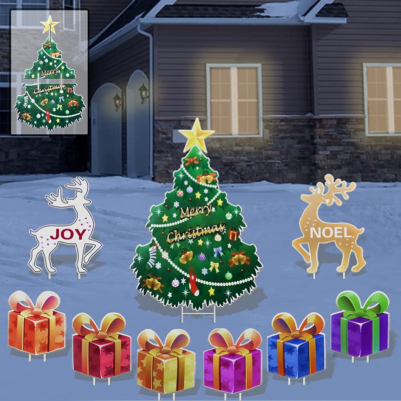 Photo 1 of Wmfczzbf 9 Pcs Merry Christmas Decorations Yard Signs with Stakes, 39.3" Large Christmas Tree, 16.5" Joy Reindeer, 16.5" Noel Reindeer, and 11.8" 6 Gift Boxes for Home Outdoor Lawn Party Decor
