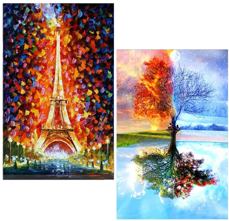 Photo 1 of 2 Pack 5D DIY Diamond Painting Kits for Adults Kids,Full Round Drill Paint by Number Kits,Crystal Rhinestone Cross-Stitch Crafts,Four Seasons Tree and Eiffel Tower for Home Wall Decor(12x16 inch)
