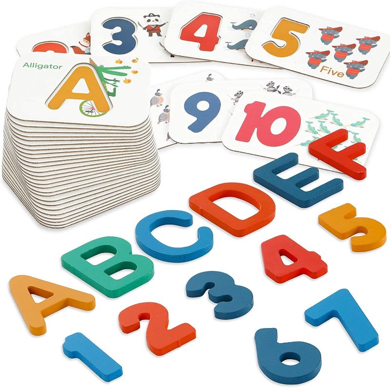 Photo 1 of Small Fish 72 PCS Alphabet and Number Flash Cards for Toddlers 3-5 Years Old, Montessori, Kindergarten, and Preschool Educational Tool with 36 Wooden Jigsaw Puzzle Set with Animals, Colors, and Box
