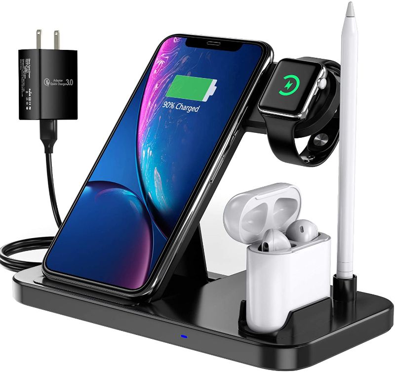 Photo 1 of 4 in 1 Wireless Charger, Qi-Certified Fast Charging Station Compatible Apple Watch & AirPods & Apple Pencil, iPhone 13/12/11/11Pro/11Pro Max/X/XS/XS Max/XR/8/8Plus, Samsung