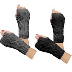 Photo 1 of 2 Pairs Women Winter Warm Knit Fingerless Gloves Hand Crochet Thumbhole Arm Warmers Mittens, BLACK GREY
