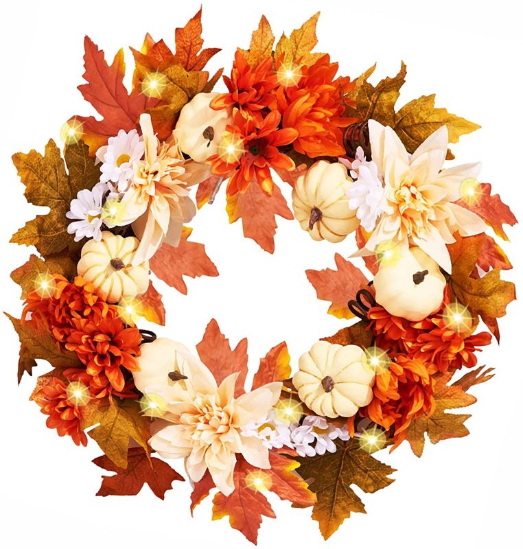 Photo 1 of Autumn Fall Wreath with 20 Lights, 19.7inch Halloween Wreath, with Pumkin, Daisy, Chrysanthemums, Maple Leaves for Christmas Decorations Thanksgiving Gift, Fall Wreath for Halloween Decoration
