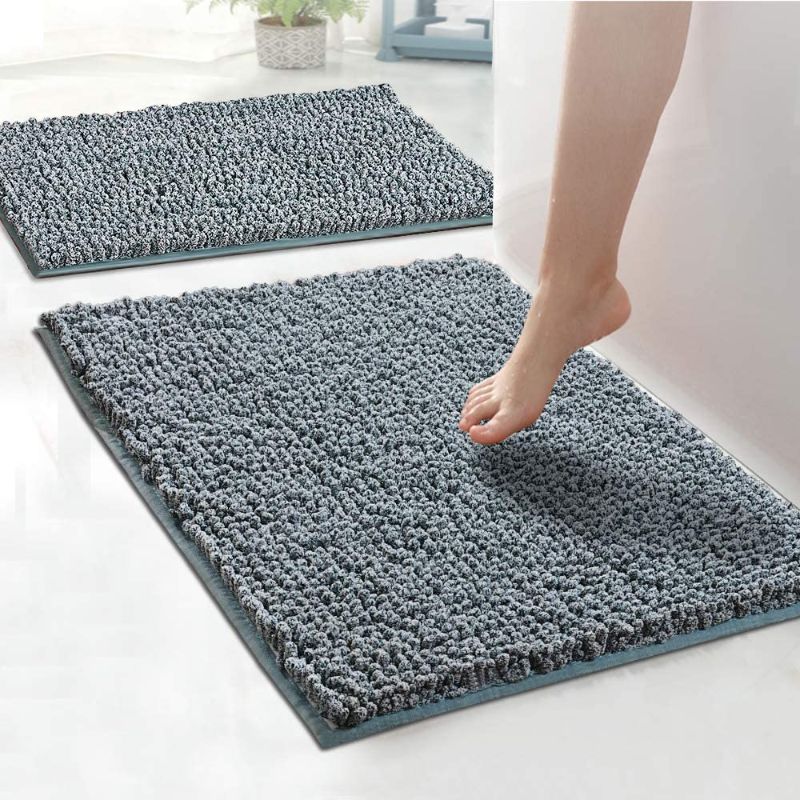 Photo 1 of Chenille Bathroom Rugs Set Non-Slip Bath Mats for Bathroom Extra Soft and Absorbent Shaggy Bath Mats for Bathroom Floor Indoor Mat for Kitchen/Entryway (Standard: 20"x32" and 17"x24"), Dark Teal/White
