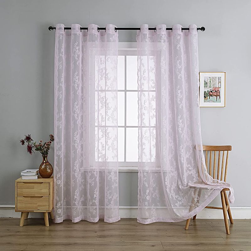 Photo 1 of Anytime Pink Lace Sheer Curtain Panels for Living Room Elegant Window Treatment Sets Light Filtering Translucent Draperies for Office (2 Panels,W55 x L95inch)
