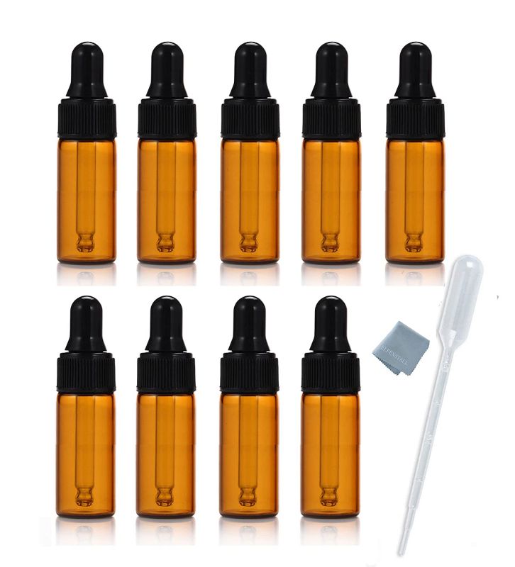 Photo 1 of 100 Pack Simple-e 10pcs 5ml 1/6oz Amber Mini Glass Bottle Amber Sample Vial Small Essential Oil Bottle with Glass Eye Dropper + 1pc Glass Clean Cloth + 1pc 3ml Dropper (10)