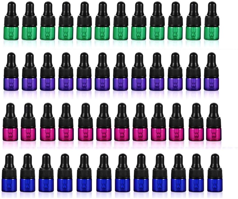 Photo 1 of 5pk ELFENSTALL- 48Pcs/lot Small Dropper Bottles Colorful 1ml 1/4 Dram Essential Oil Glass Bottle Empty Lotion Perfume Sample Vials With Glass Eye Dropper + 1pc Clean Cloth + 2pc 1ml Dropper