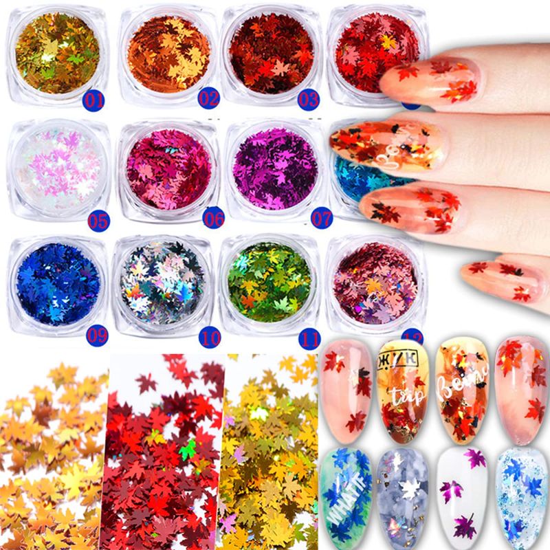 Photo 1 of 12 Boxes Maple Leaf Glitter Nail Art Glitters Sequins Holographic Confetti Fall Maple Leaves Shapes Laser Flakes Metal Slice for Thanksgiving Nail Art Charms Woman Girls Manicure Supplies
