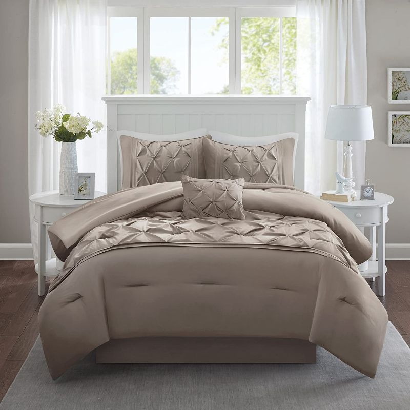 Photo 1 of Comfort Spaces Cavoy Faux Silk Comforter Set - Luxe Diamond Tufting, All Season Bedding, Matching Bed Skirt, Decorative Pillows, Taupe King(104"x90") 5 Piece
