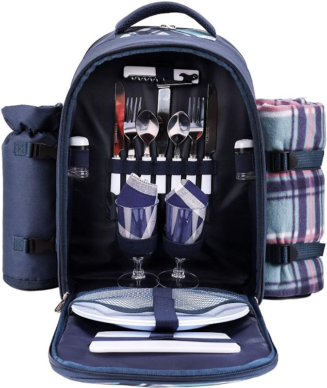 Photo 1 of apollo walker Picnic Backpack Bag for 2 Person with Cooler Compartment, Detachable Bottle/Wine Holder, Fleece Blanket, Plates and Cutlery (Blue)
