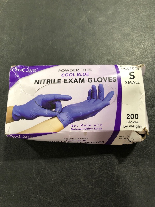 Photo 1 of ProCure Disposable Nitrile Gloves SMALL, 200 Count - Powder Free, Rubber Latex Free, Medical Exam Grade, Non Sterile, Ambidextrous - Soft with Textured Tips - Cool Blue. OPEN BOX.
