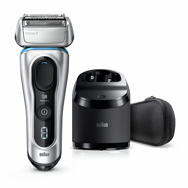 Photo 1 of Braun Series 8 8370cc Next Generation, Electric Shaver, Rechargeable & Cordless Razor, Silver, with Clean & Charge Station & Fabric Travel Case
