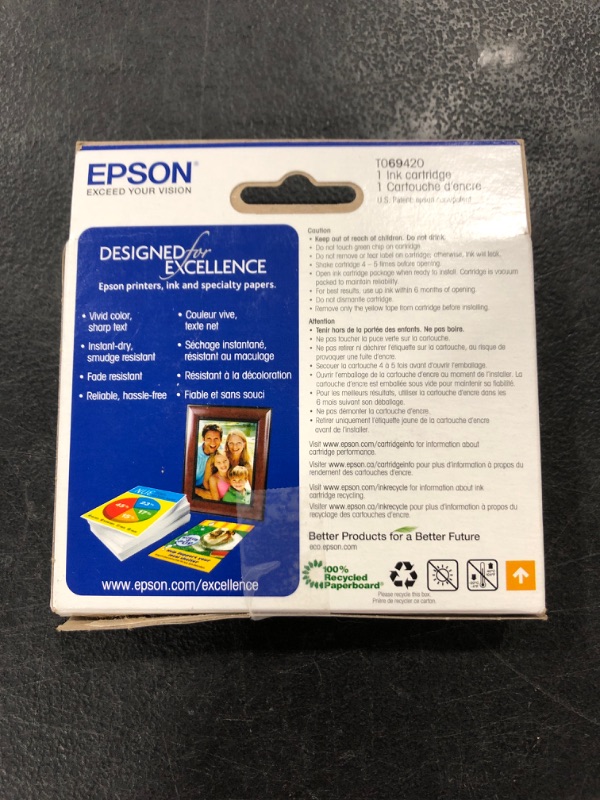 Photo 3 of EPSON T069 DURABrite Ultra -Ink Standard Capacity Yellow -Cartridge (T069420-S) for select Epson Stylus and WorkForce Printers
OPEN BOX.