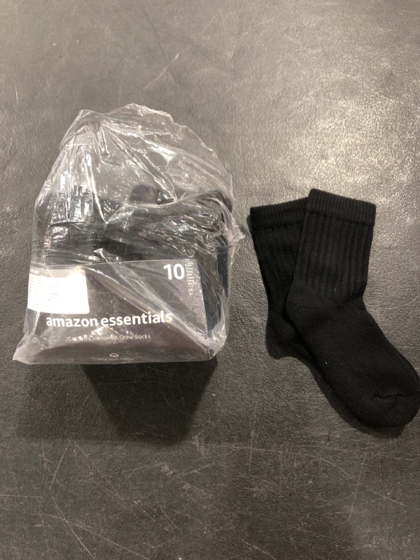 Photo 1 of AMAZON ESSENTIAL KIDS' CREW SOCKS, BLACK, 10 PAIR. SHOE SIZE 5.5-8.5.