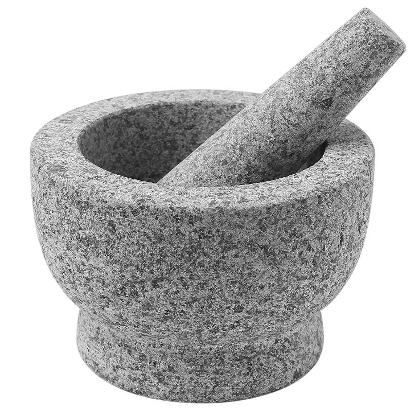 Photo 1 of ChefSofi Mortar and Pestle Set - 6 Inch - 2 Cup Capacity - Unpolished Heavy Granite for Enhanced Performance and Organic Appearance - Included: Anti-Scratch Protector + Italian Recipes EBook. CRACKED.
