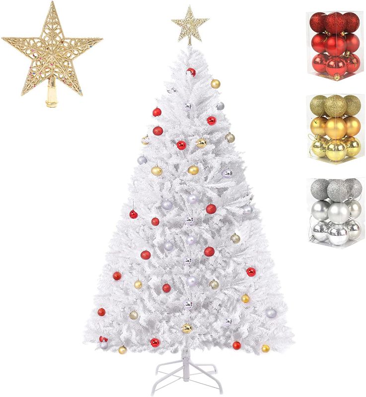 Photo 1 of 6ft Artificial Christmas Tree Lifelike Christmas Tree with Decorations and Solid Metal Stand arbol de Navidad Blanco Premium Hinged Spruce Full Tree (White-A, 6ft)
