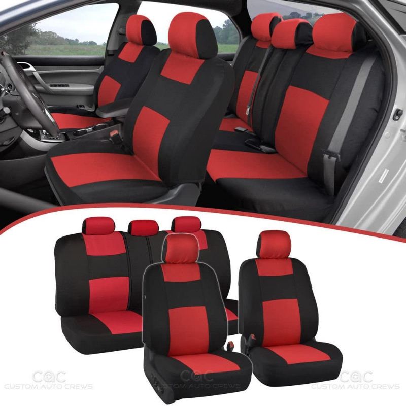 Photo 1 of BDK PolyPro Car Seat Covers Full Set in Red on Black – Front and Rear Split Bench Seat Protectors, Easy to Install, Universal Fit Interior Accessories for Auto Truck Van SUV. OPEN BOX.
