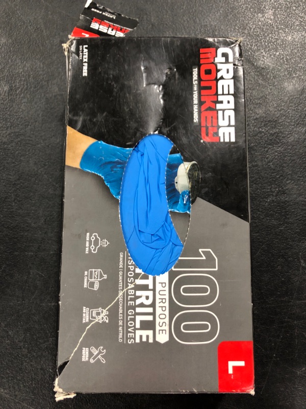 Photo 1 of Grease Monkey Disposable Nitrile All Purpose Gloves, Pack of 100, Large. OPEN BOX.
