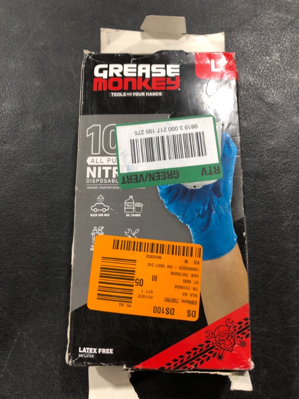 Photo 2 of Grease Monkey Disposable Nitrile All Purpose Gloves, Pack of 100, Large. OPEN BOX.
