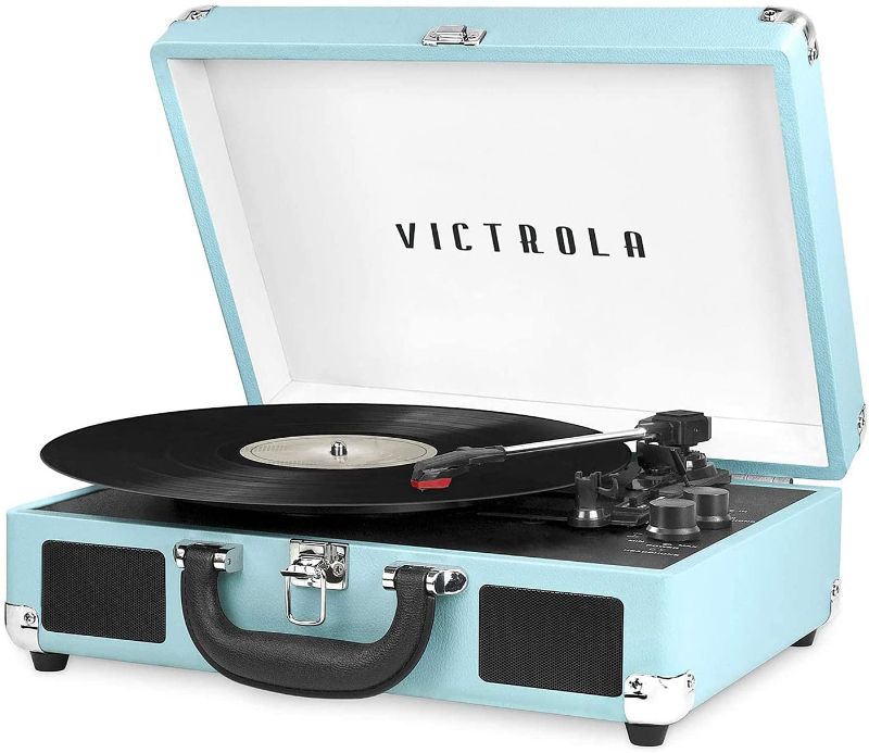 Photo 1 of Victrola Vintage 3-Speed Bluetooth Portable Suitcase Record Player with Built-in Speakers | Upgraded Turntable Audio Sound| Includes Extra Stylus | Turquoise, Model Number: VSC-550BT
OPEN BOX.