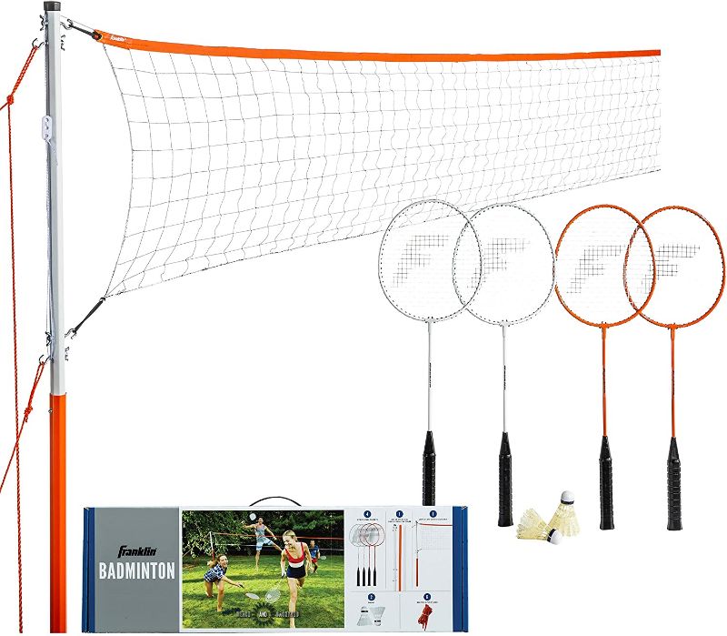 Photo 1 of Franklin Sports Badminton Net Set - Outdoor Backyard + Beach Badminton Net + Equipment Set - (4) Rackets + (2) Birdies - Adults + Kids Set - Professional. PRIOR USE.
