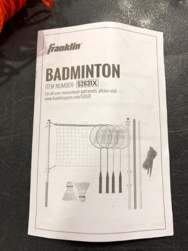 Photo 4 of Franklin Sports Badminton Net Set - Outdoor Backyard + Beach Badminton Net + Equipment Set - (4) Rackets + (2) Birdies - Adults + Kids Set - Professional. PRIOR USE.
