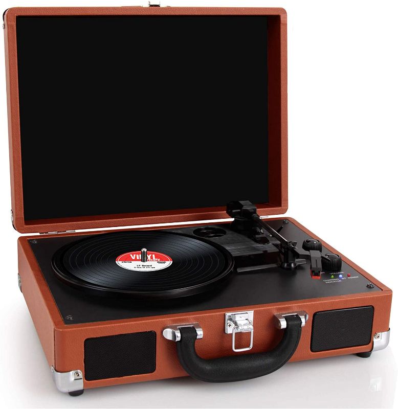 Photo 1 of Pyle Upgraded Vintage Record Player - Classic Vinyl Player, Turntable, Rechargeable Batteries, Bluetooth, MP3 Vinyl, Music Editing Software Included, Works w/ Mac & PC, 3 Speed - PVTTBT6BR Brown
