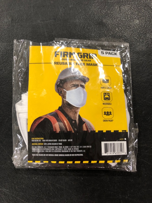 Photo 2 of Firm Grip Reusable Face Mask- Tough Working Gear 5 PACK.
MISSING 1 MASK.