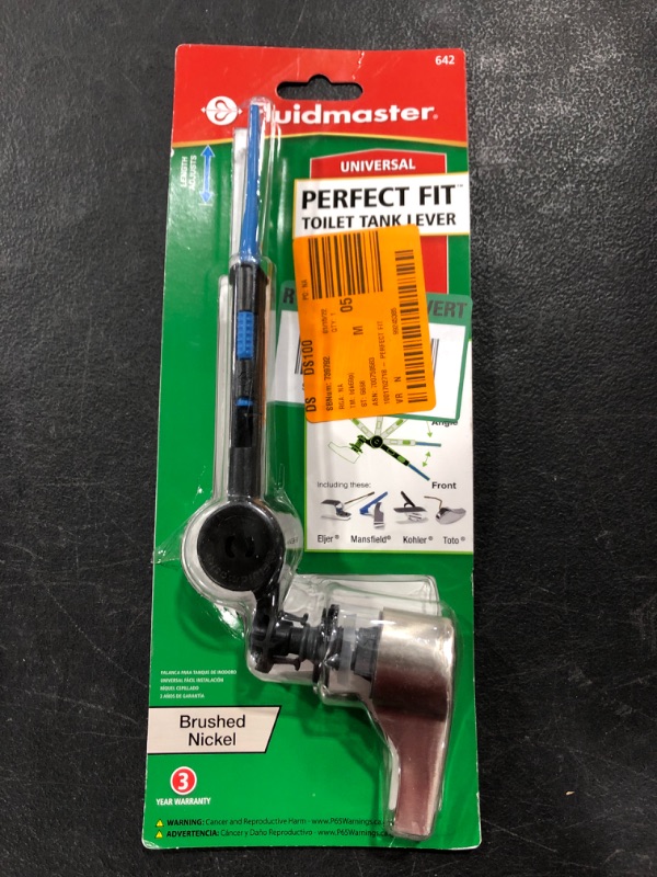 Photo 1 of Fluidmaster 642 BN PERF FIT Tank Lever, Brushed Nickel 3-1/2" x 9-29/32" x 1-5/16". OPEN PACKAGE.

