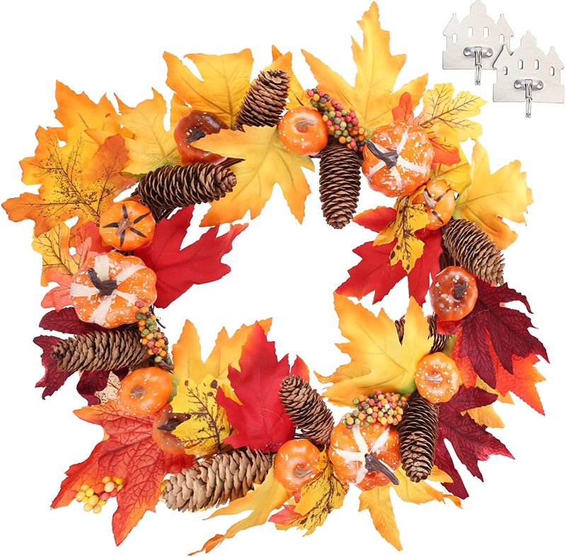 Photo 1 of 20" Fall Wreath for Front Door Autumn Maple Leaf Pumpkin Pinecone for Thanksgiving Halloween Decorations Home Decoration
