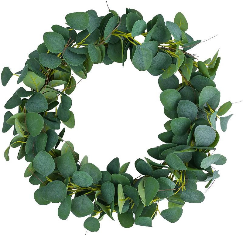 Photo 1 of Foeyyir 14 Inches Artificial Green Leaf Eucalyptus Wreath Outdoor Decor for Front Door Wall Window
