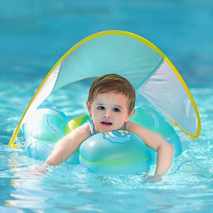 Photo 1 of Free Swimming Baby Inflatable Baby Swimming Float with Bottom Support and Retractable Fabric Canopy for Safer Swims(Yellow, Large)

