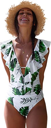 Photo 1 of SPORLIKE Women One Piece Swimsuit V-Neck Ruffle Bathing Suit Padded Monokini, Medium 