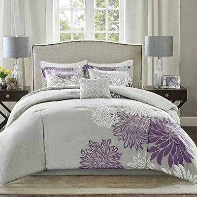 Photo 1 of Comfort Spaces Enya Comforter Set-Modern Floral Design All Season Down Alternative Bedding, Matching Shams, Bedskirt, Decorative Pillows, Queen (90"x90"), Purple
